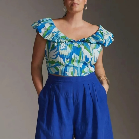 Anthropologie Maeve Puff-Sleeve Cropped Blouse green blue white size 2X  NWT - Picture 13 of 13